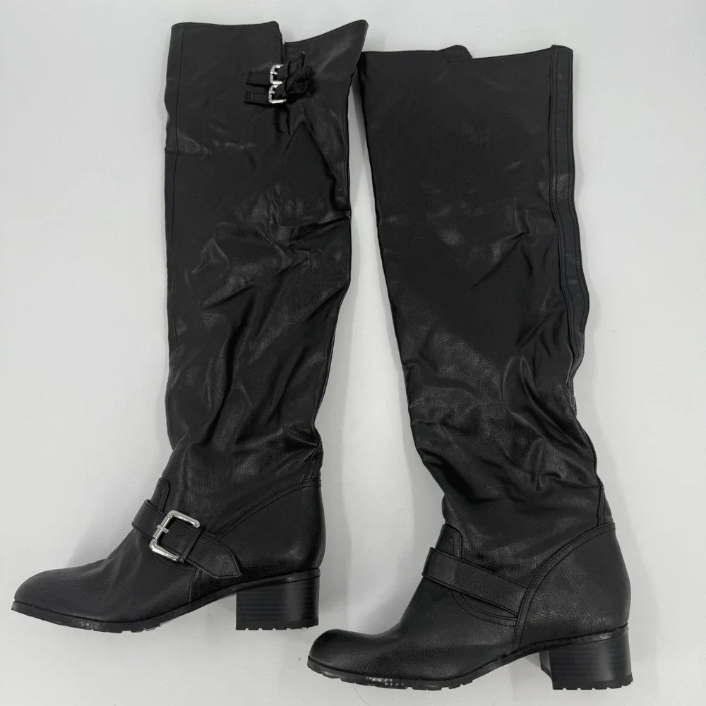 Colin Stuart Slouchy Knee-High Boots Womens US 9B Black Round Toe Buckle Detail